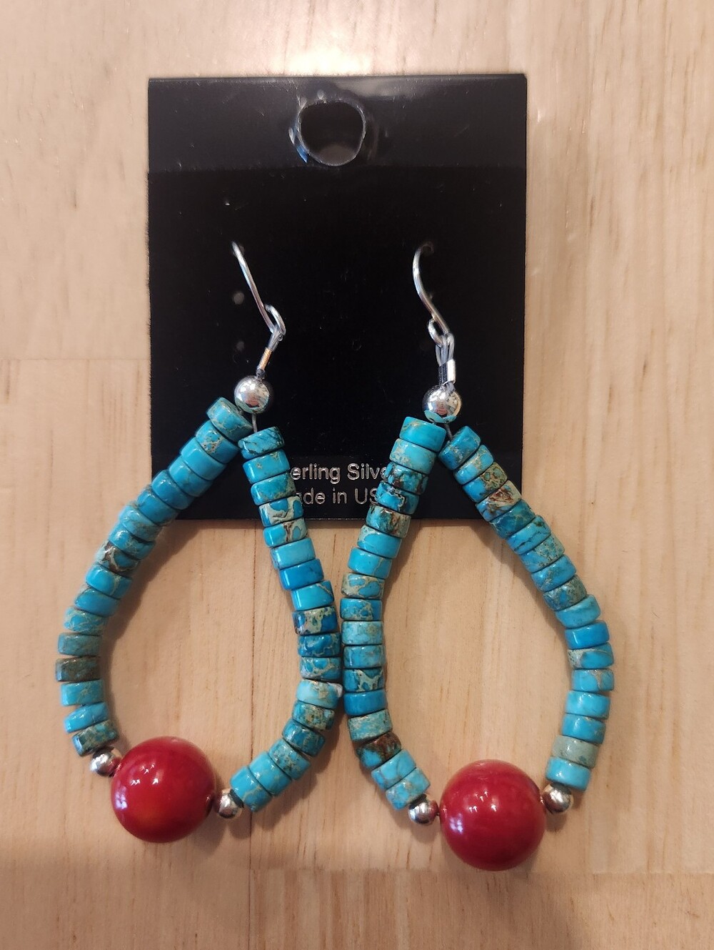 Turquoise Heishi Beaded Hoop Dangle Earrings with Red Coral, Sterling Silver